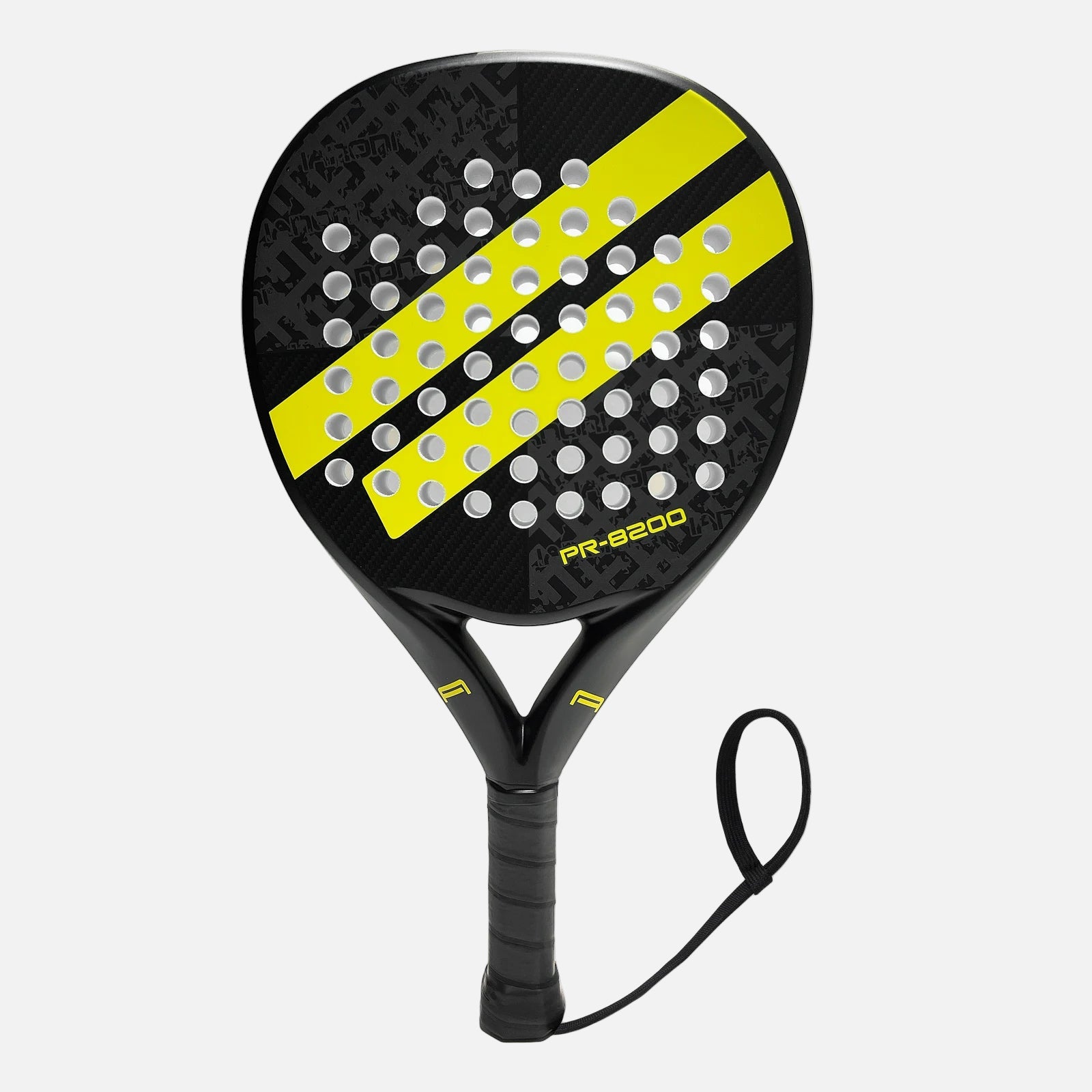 Black and yellow paddle racket with visible branding on a white background