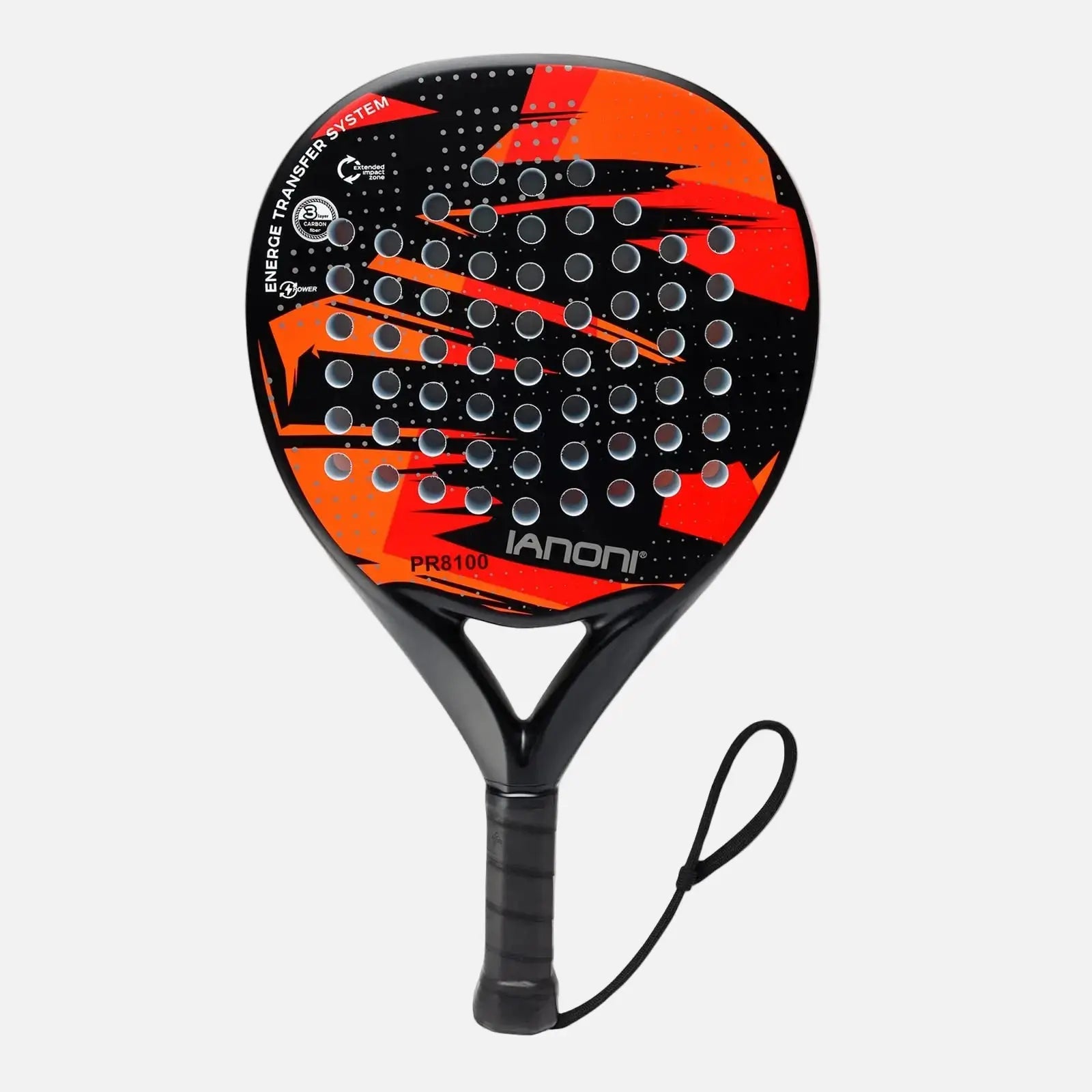 Black and orange tennis racket with brand logo on a white background